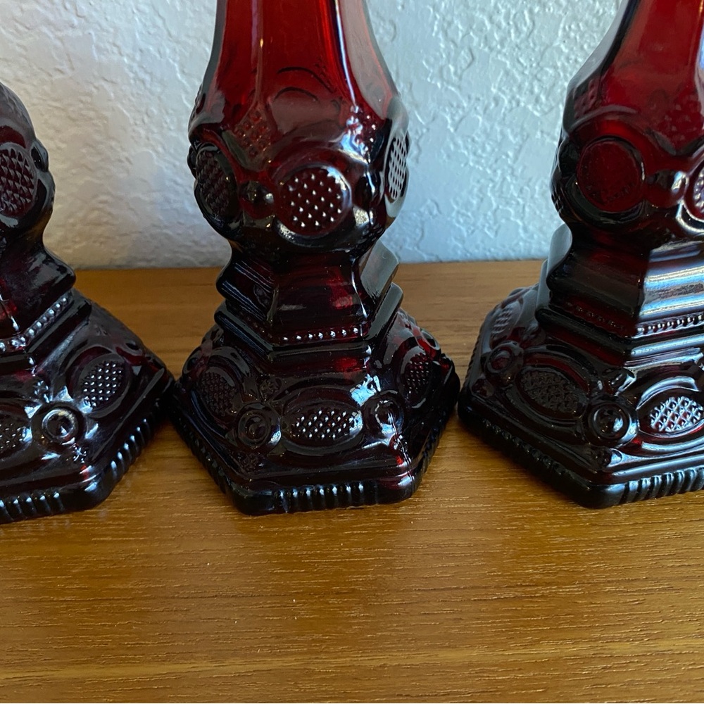 Avon Vintage 1876 Collection  Cape Cod Ruby Red Glass Candlesticks Set of 3 - Picture 4 of 9